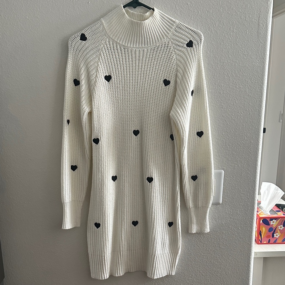 miami Cream Ribbed Turtleneck Sweater Dress with Black Heart Accents